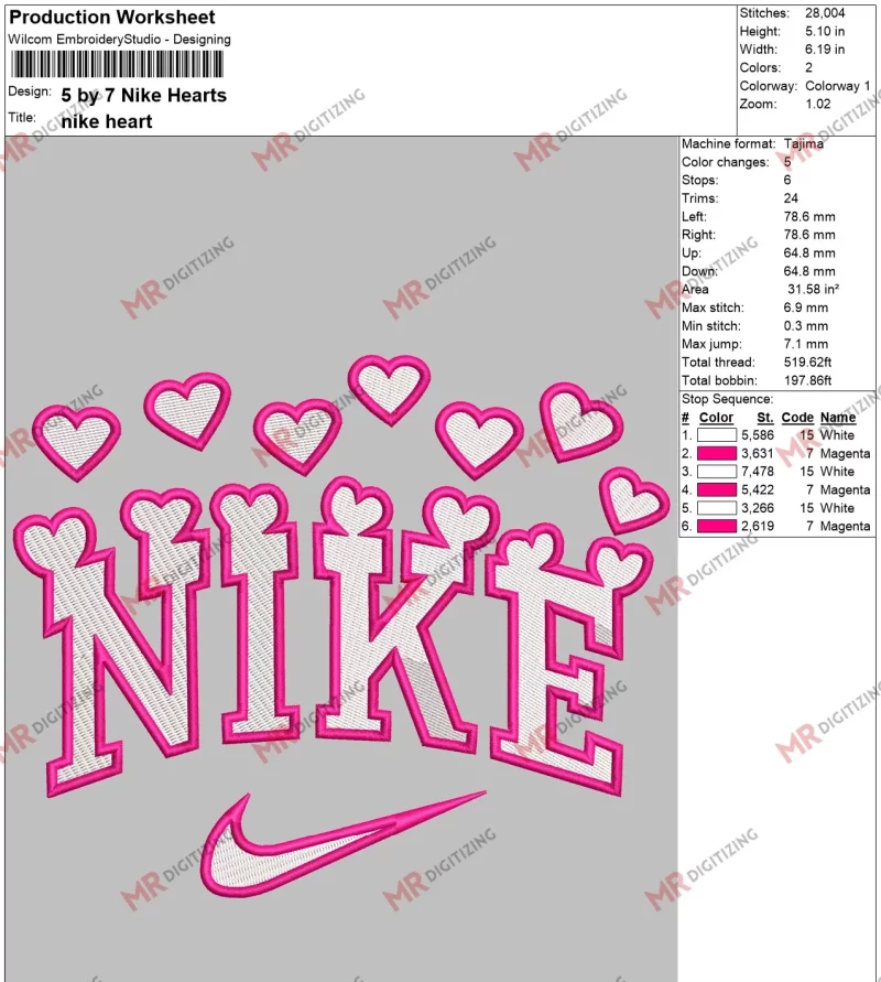 5 by 7 Nike Hearts