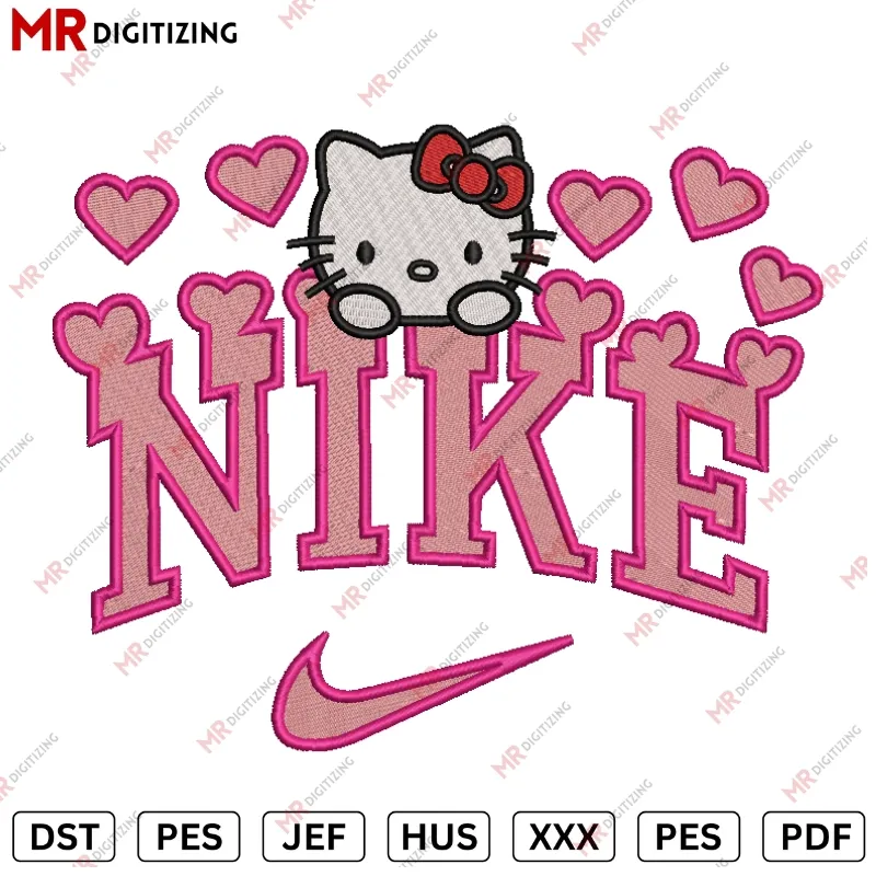 Nike Hearts Hello kitty Machine Embroidery Design - DST, Pes, jef