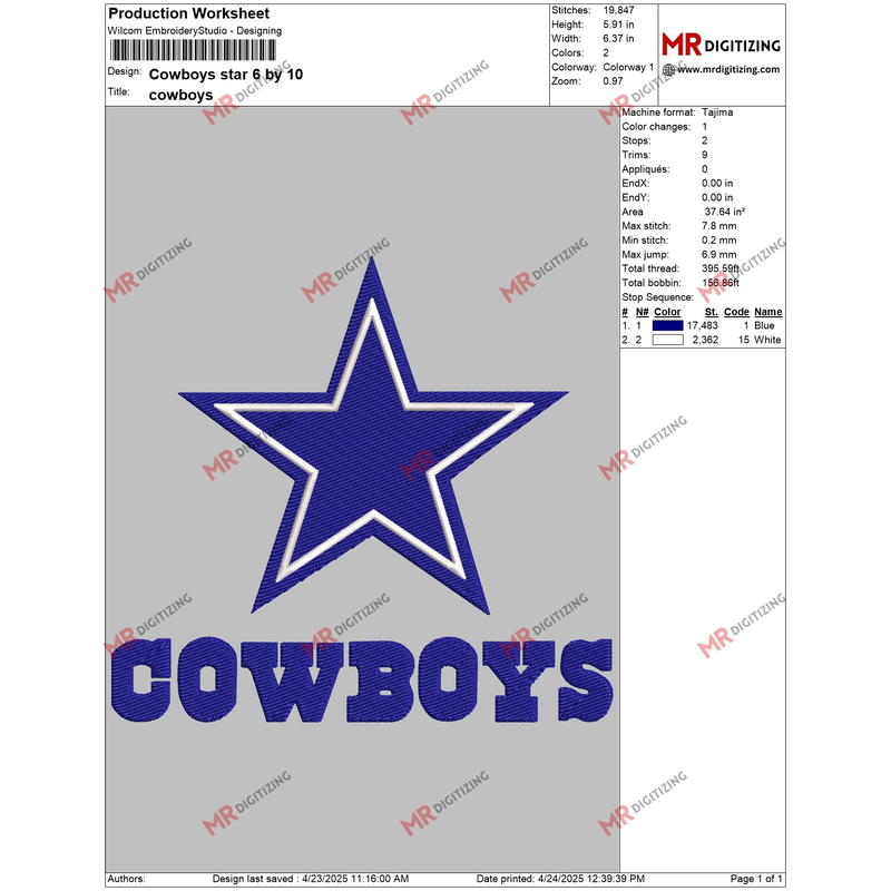 Cowboys star 6 by 10