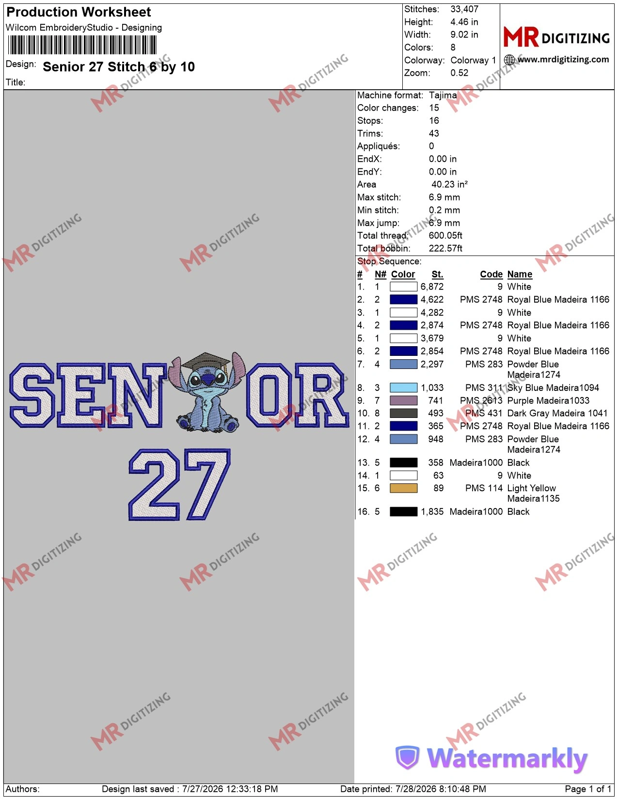 Senior 27 Stitch 6 by 10