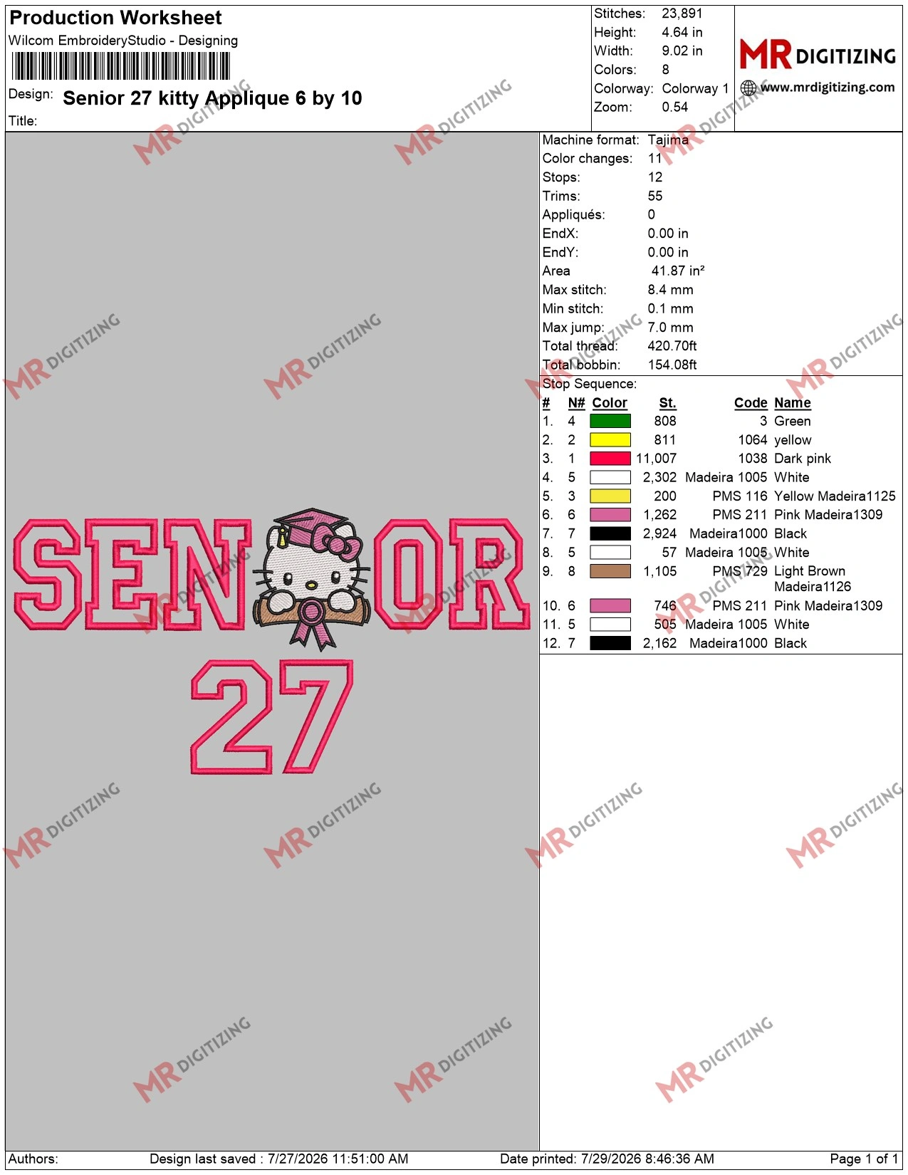 Senior 27 kitty Applique 6 by 10