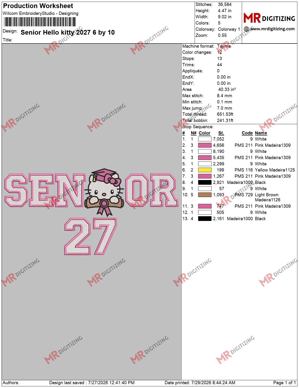 Senior Hello kitty 2027 6 by 10