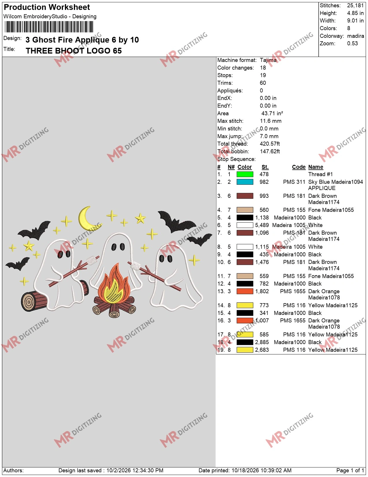 3 Ghost Fire Applique 6 by 10