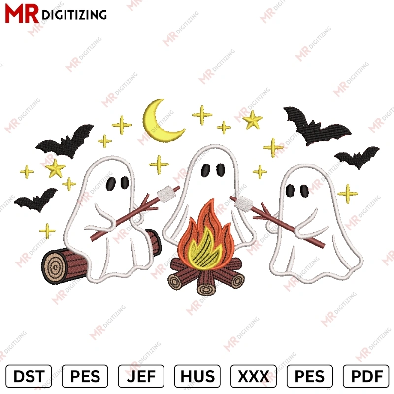 3 Ghost Fire Applique Halloween Embroidery design