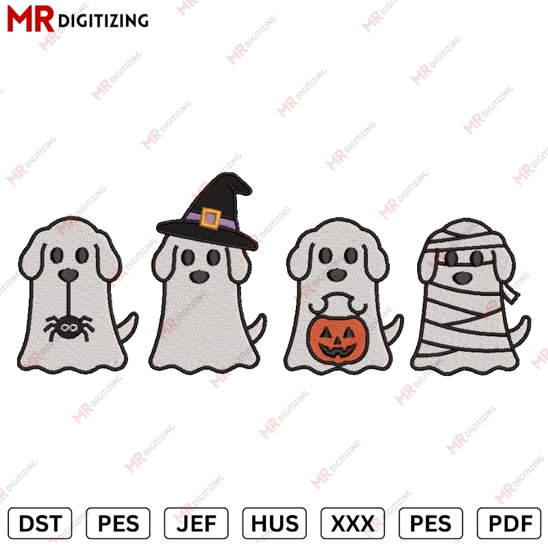 4 Dogs Ghost Pumpkin Halloween Embroidery design