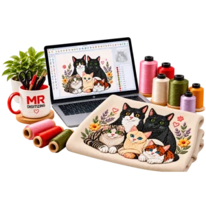 MR Embroidery Digitizing workspace with laptop displaying embroidery digitizing software, colorful embroidery threads, and custom embroidered cat designsworkspacee